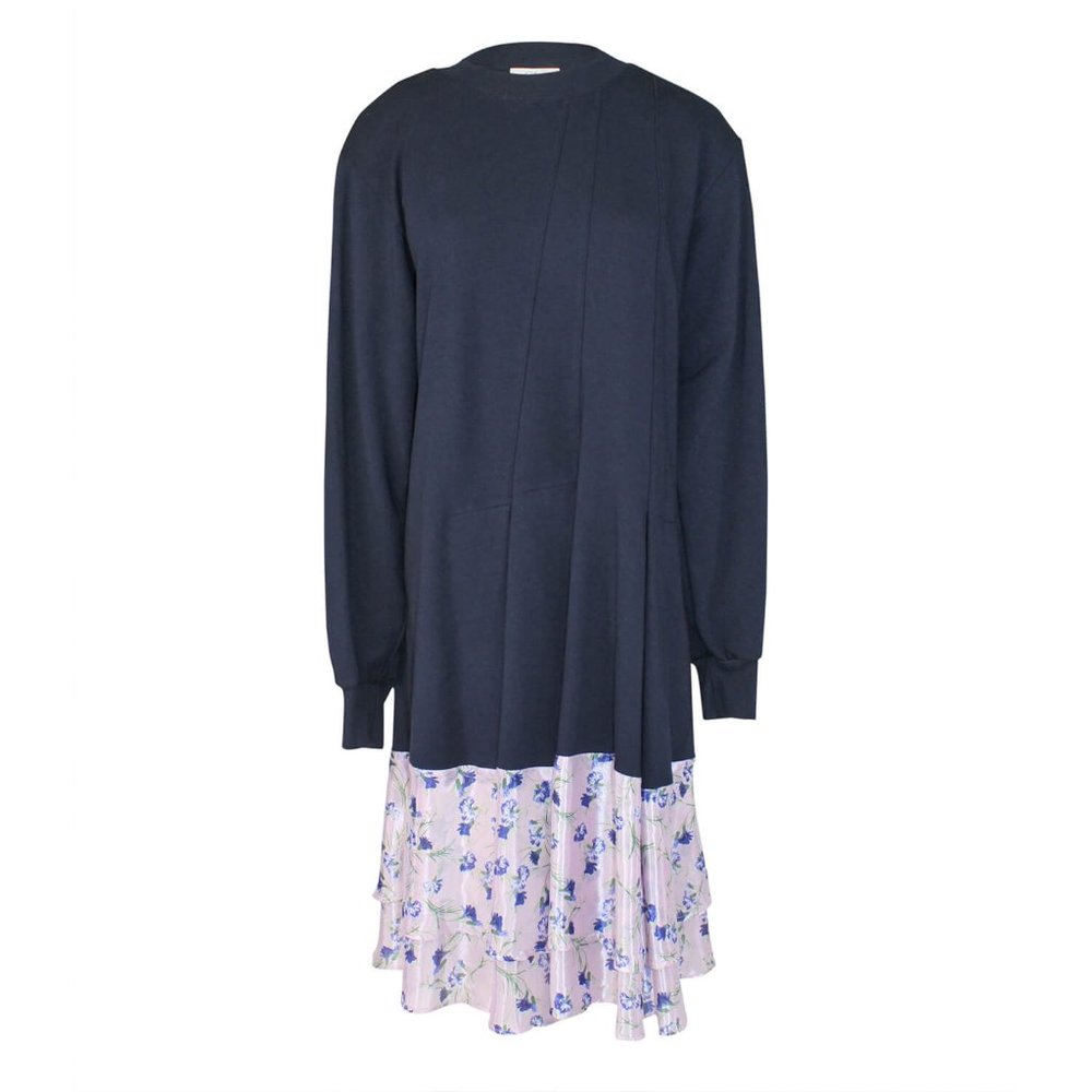 Clu Floral Contrast Paneled Dress Navy Cotton Blend Size Small & Medium